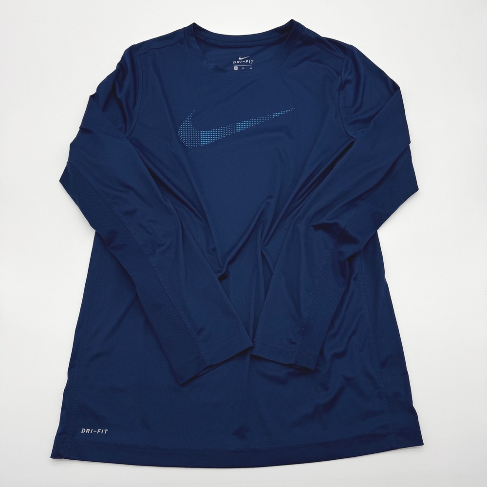 Nike Dri-FIT Navy Blue Long Sleeve‎ Performance Shirt Women XL Swoosh Graphic